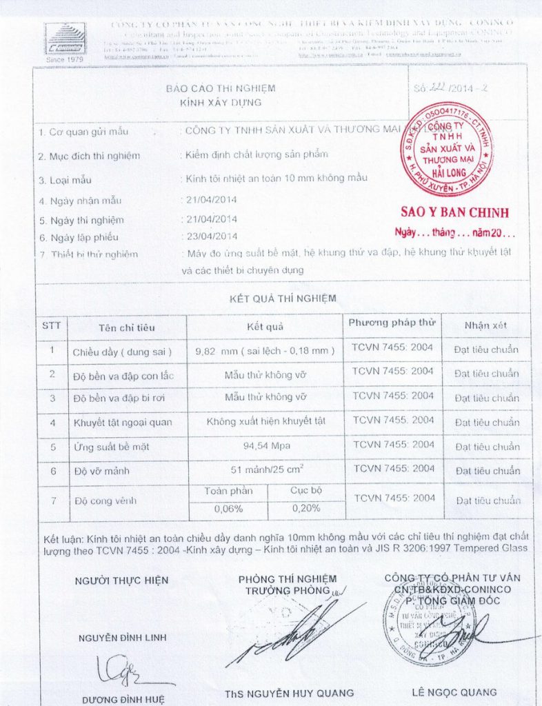 Giấy chứng nhận chất lượng kính 