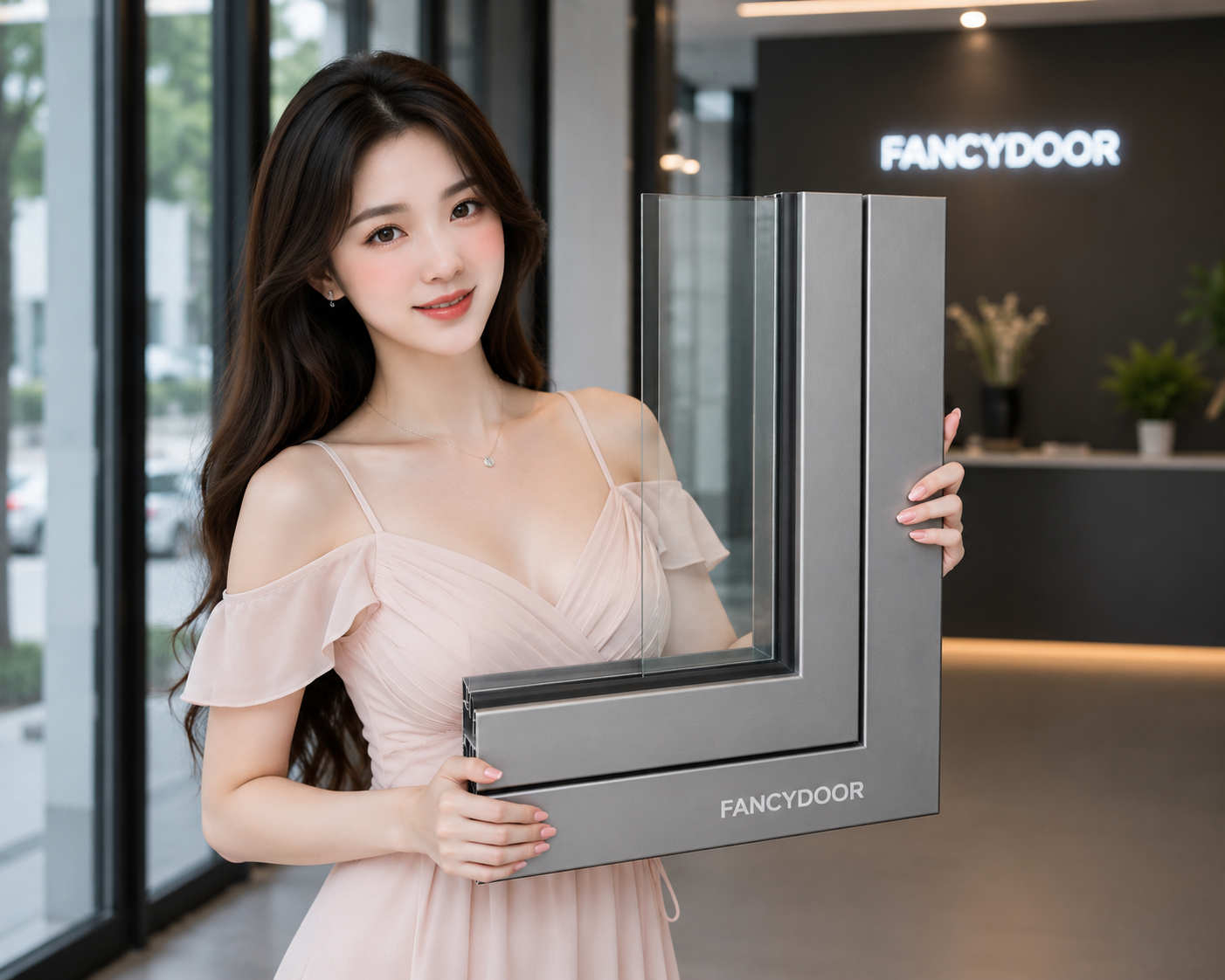 Cô gái cầm mẫu khung cửa kính nhôm FANCYDOOR trưng bày trong showroom hiện đại