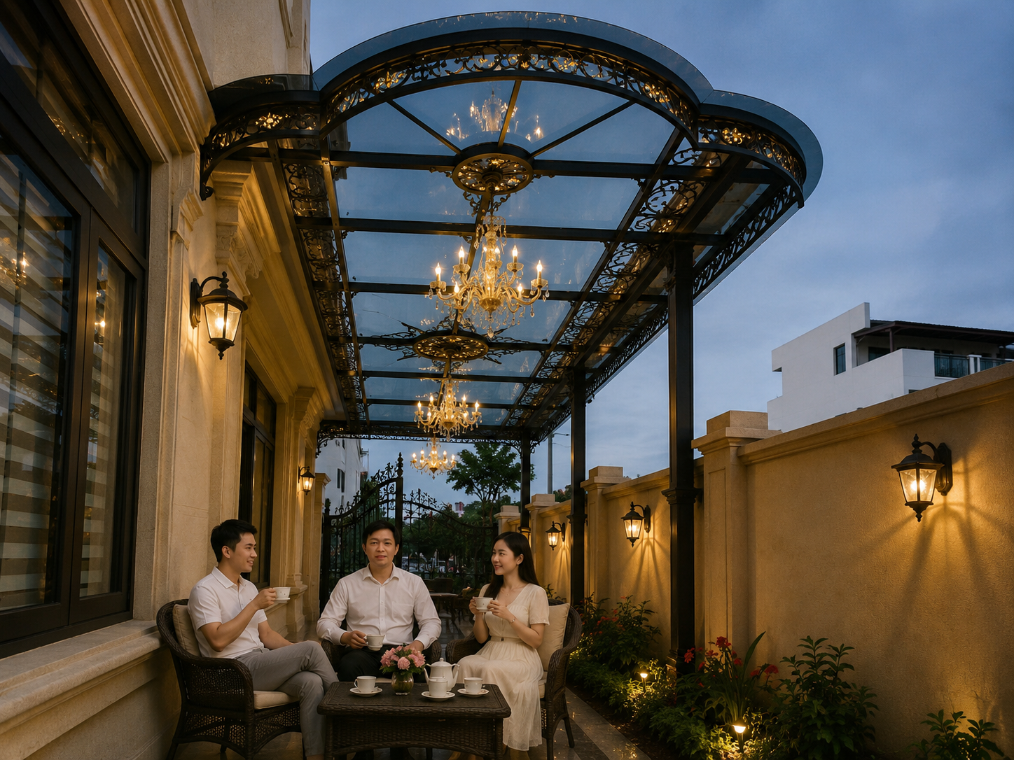 Bộ bàn ghế sân vườn mây nhựa cao cấp ngoài trời, ba người ngồi uống trà dưới mái hiên sang trọng